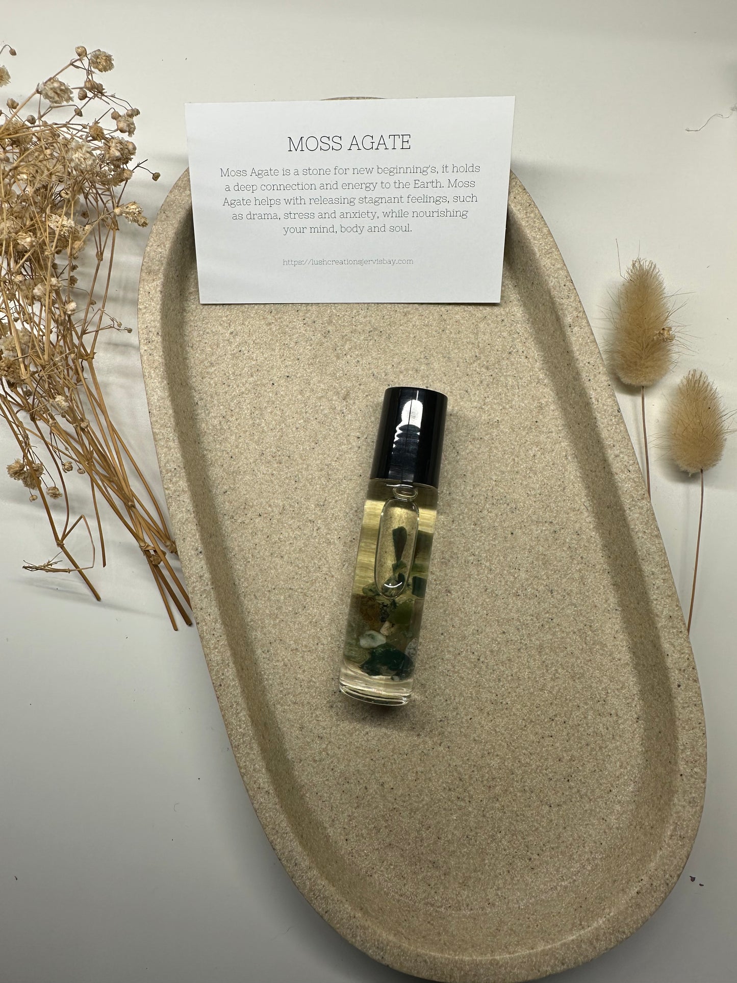 Crystal essential oil roller 'Moss Agate'